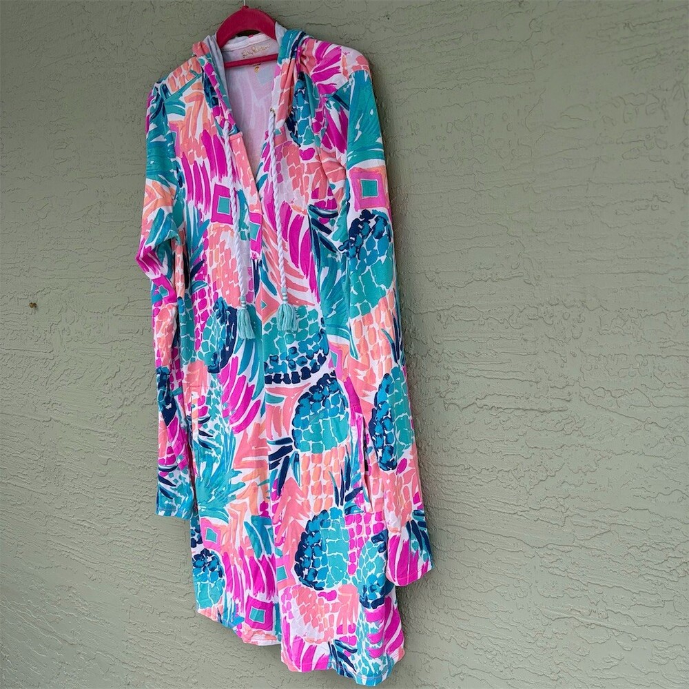 Lilly Pulitzer Cover Up Dress Womens XL Multicolor Hooded UPF 50+ Tropical